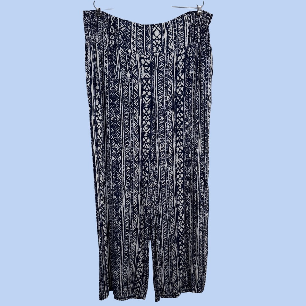 Three Dots Navy White Geometric Tribal Print Smocked Wide Leg Pants Plus Size
